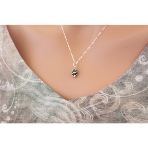 Sterling Silver Pinecone Charm Necklace, Pinecone Necklace - Picture 2 of 3